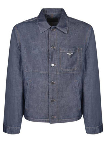 Triangle Logo Chambray Shirt Jacket Navy - PRADA - BALAAN 1