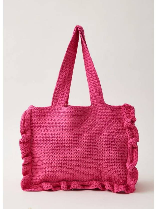 Women's Crochet Ruffle Embroidered Logo Cotton Tote Bag Shocking Pink - GANNI - BALAAN 4