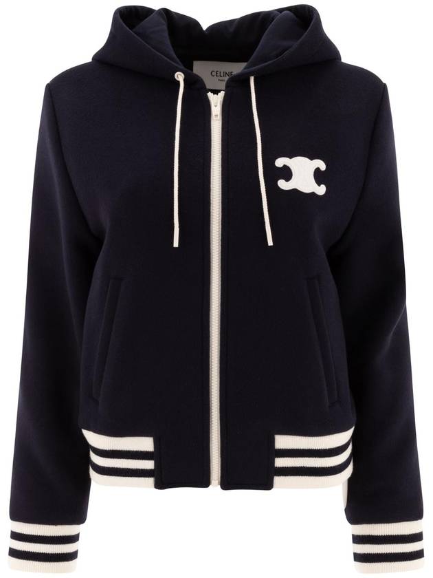 Triomphe Patch Cashmere Zip Up Hoodie Navy - CELINE - BALAAN 1