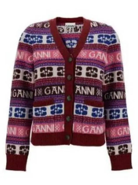 Intarsia Logo V-Neck Wool Mix Cardigan Pink - GANNI - BALAAN 2