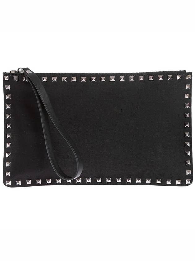 Rockstud Logo Patch Strap Clutch Bag Black - VALENTINO - BALAAN.