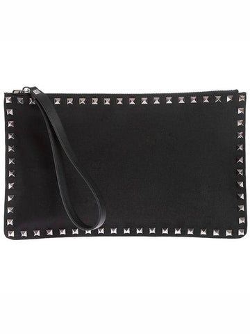 Rockstud Logo Patch Strap Clutch Bag Black - VALENTINO - BALAAN.