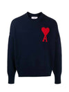 Big Heart Logo Embroidered Knit Top Navy - AMI - BALAAN.