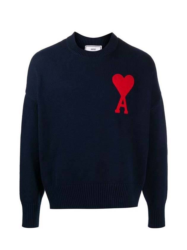 Big Heart Logo Embroidered Knit Top Navy - AMI - BALAAN.