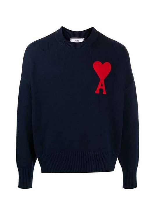 Men's Big Heart Embroidered Logo Knit Top Navy - AMI - BALAAN 1