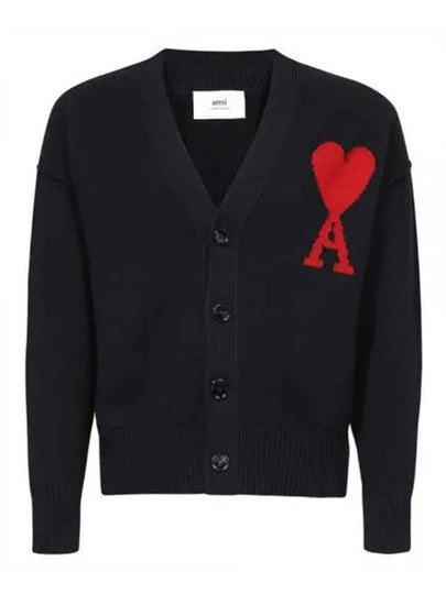 Heart Logo V Neck Wool Cardigan Black - AMI - BALAAN 2