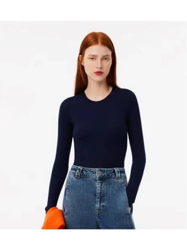 Women s Slim Fit Rib Crew Neck Sweater Navy - LACOSTE - BALAAN 1