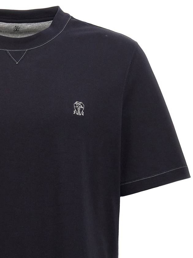 Embroidered Logo Short Sleeve T-Shirt Dark Blue - BRUNELLO CUCINELLI - BALAAN 4