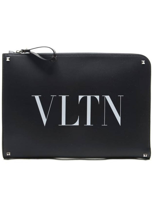 VLTN White Logo Document Clutch Bag Black - VALENTINO - BALAAN 2