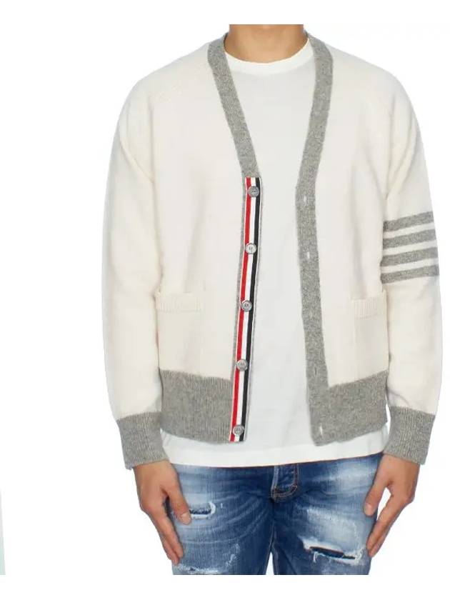 V-Neck 4-Bar Wool Cardigan White - THOM BROWNE - BALAAN 4