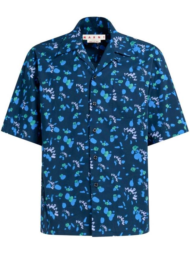 Print Cotton Short Sleeve Shirt Blue - MARNI - BALAAN 1