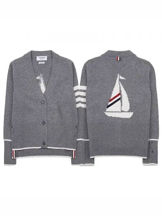 Women's Fine Merino Jersey Sailboat 4 Bar Boxy V Neck Cardigan Light Grey - THOM BROWNE - BALAAN 2