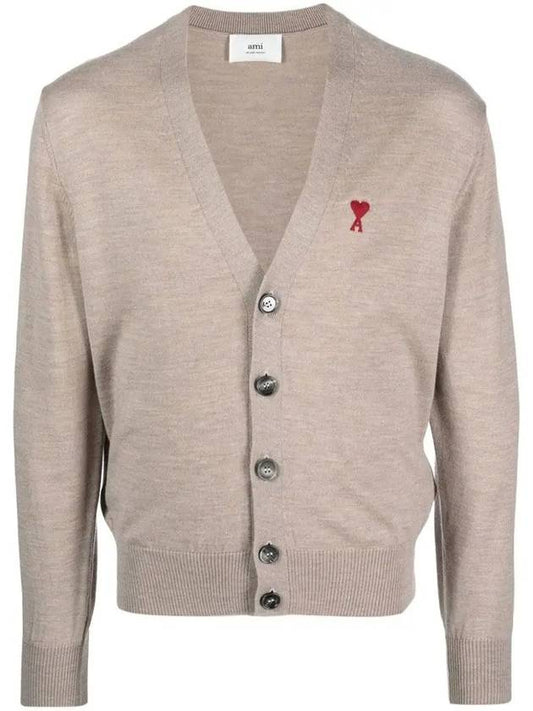 Red Heart Logo Merino Wool Cardigan Beige - AMI - BALAAN 2