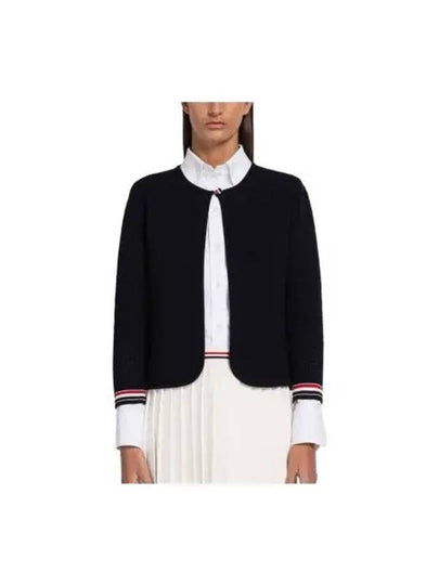 Grid Stitch Pointelle Cropped Crew Neck Cardigan Navy - THOM BROWNE - BALAAN 2