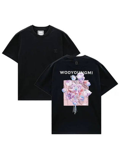 3D Flower Back Logo Round Short Sleeve T-Shirt Black - WOOYOUNGMI - BALAAN 2