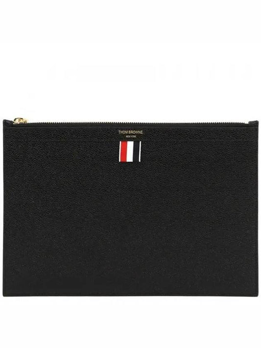 Pebble Grain Three Stripes Zipper Small Clutch Bag Black - THOM BROWNE - BALAAN 2