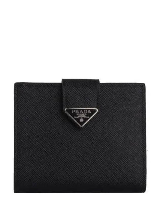 Triangle Logo Saffiano Leather Half Wallet Black - PRADA - BALAAN 2