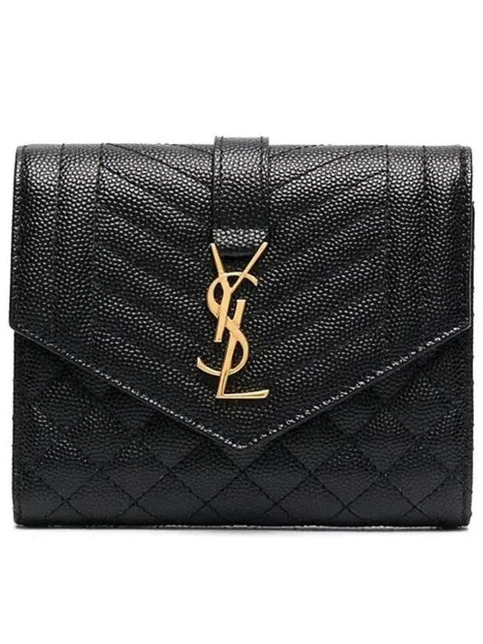 Monogram Envelope Compact Tri-Fold Matelasse Halfwallet Black - SAINT LAURENT - BALAAN 1