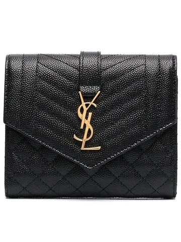 Monogram Envelope Compact Tri-Fold Matelasse Halfwallet Black - SAINT LAURENT - BALAAN 1