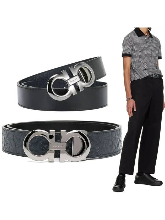 Gancini Reversible Adjustable Smooth Hammered Calfskin Leather Belt Navy - SALVATORE FERRAGAMO - BALAAN.