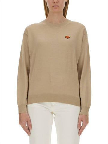 Boke Flower Embroidery Wool Knit Top Beige - KENZO - BALAAN 1