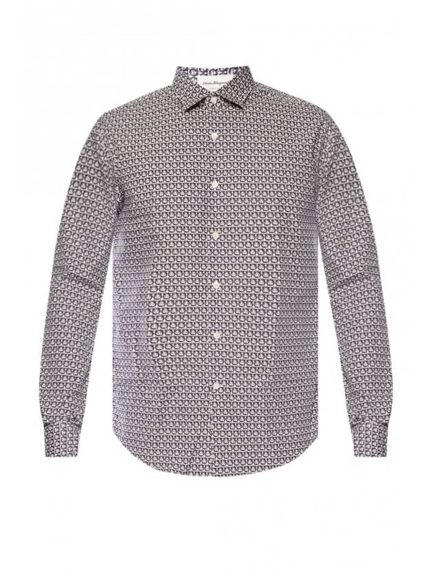 All Over Gancini Pattern Print Cotton Long Sleeve Shirt White Navy - SALVATORE FERRAGAMO - BALAAN 1