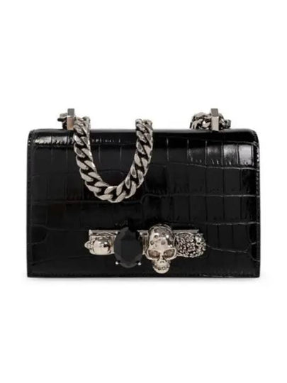 Crocodile Leather Embossed Black Jewel Silver Skull Satchel Shoulder Bag Black - ALEXANDER MCQUEEN - BALAAN 2