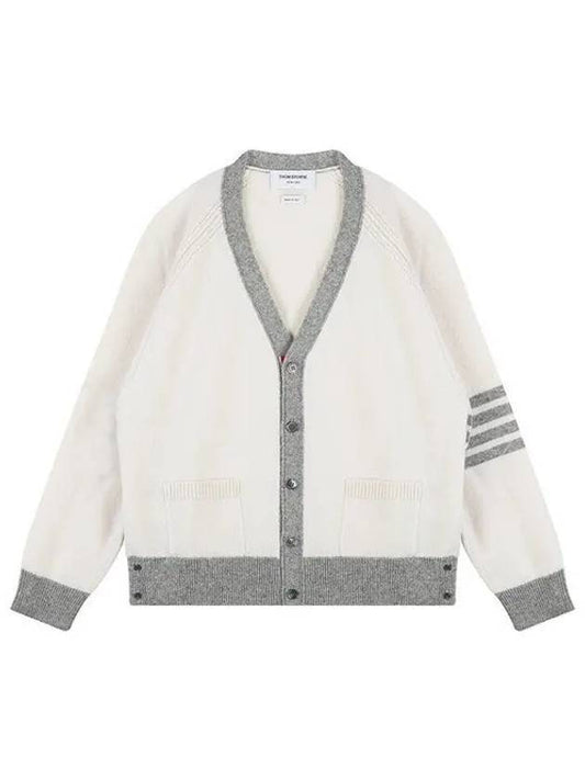 V-Neck 4-Bar Wool Cardigan White - THOM BROWNE - BALAAN 2