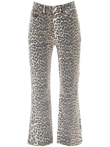 Women's Logo Back Pocket Leopard Print Denim Pants Brown - GANNI - BALAAN 1