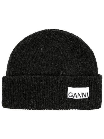 Logo Label Rib Knit Wool Beanie Dark Grey - GANNI - BALAAN 2