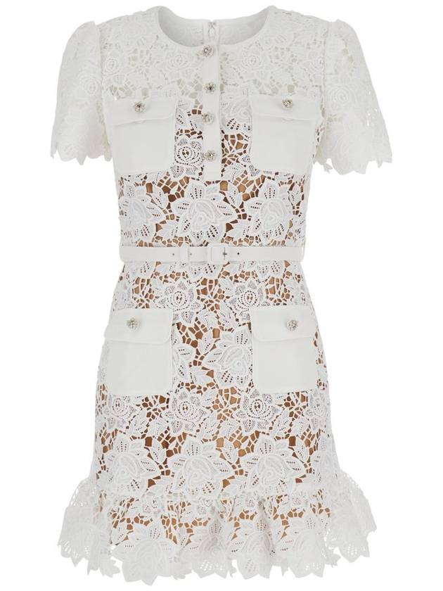 White Mini Dress With Jewel Buttons With Crystals And All-Over Floral Lace Embroidery In Tehc Fabric Woman - SELF PORTRAIT - BALAAN 1