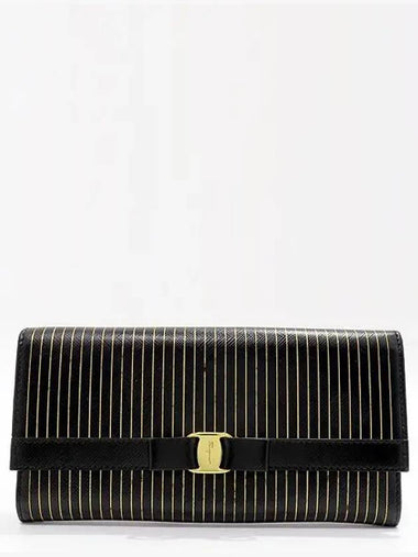 Ferragamo 22 C593 Black Gold Leather Plated Vara Women s Long Wallet - SALVATORE FERRAGAMO - BALAAN 1