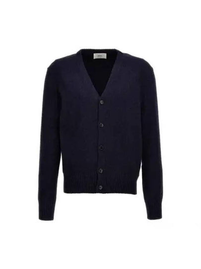 Heart Logo V Neck Cashmere Cardigan Navy - AMI - BALAAN 2