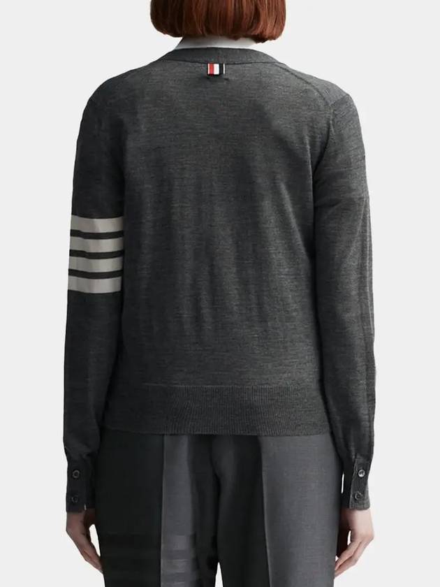 Sustainable Fine Merino Wool 4-Bar Relaxed Fit V-Neck Cardigan Medium Grey - THOM BROWNE - BALAAN 4