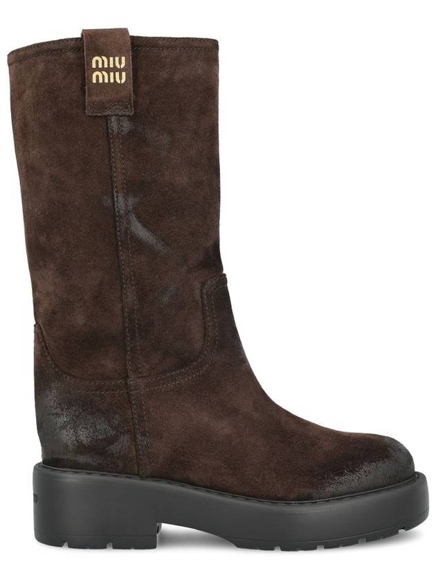 Logo Suede Middle Boots Dark Brown - MIU MIU - BALAAN 1