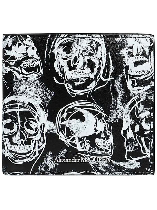 Men's Skull Sketch Pattern Bifold Half Wallet White Black - ALEXANDER MCQUEEN - BALAAN.