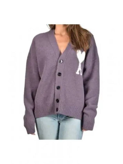 Intarsia Logo Knit Cardigan Lilac - AMI - BALAAN 2