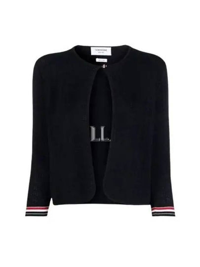 Grid Stitch Pointelle Cropped Crew Neck Cardigan Navy - THOM BROWNE - BALAAN 2