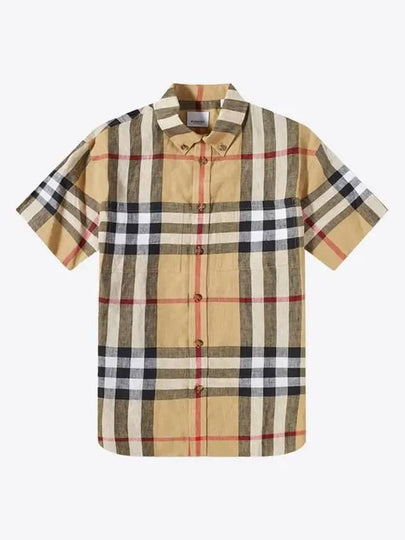 Linen Tartan Check Short Sleeve Shirt Brown - BURBERRY - BALAAN 2