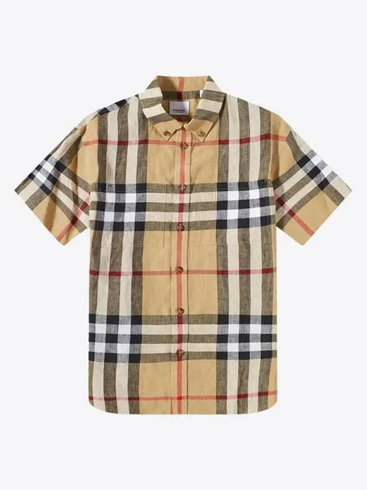 Linen Tartan Check Short Sleeve Shirt Brown - BURBERRY - BALAAN 2