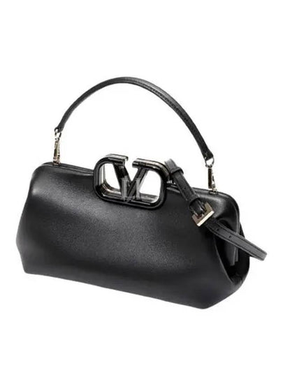 V Logo Plaque Detail Leather Tote Bag Black - VALENTINO - BALAAN 2