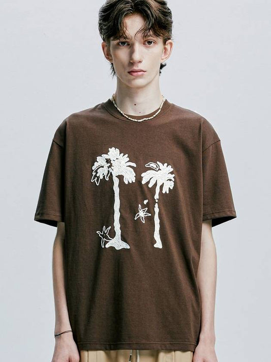 Palm Tree Eyelet Chain Embroidery T Shirt Brown - S SY - BALAAN 1