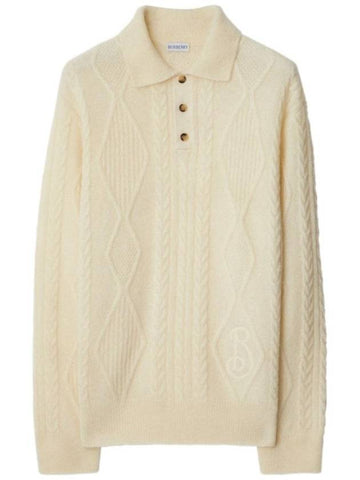 Aran Cable Polo Knit Top Snow - BURBERRY - BALAAN 1