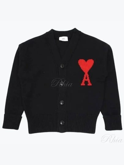 Intarsia Big Heart Logo Oversized Virgin Wool Cardigan Black - AMI - BALAAN 2