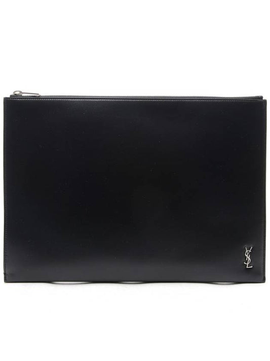 Men's Mini Monogram Silver Large Clutch Bag Black - SAINT LAURENT - BALAAN 2