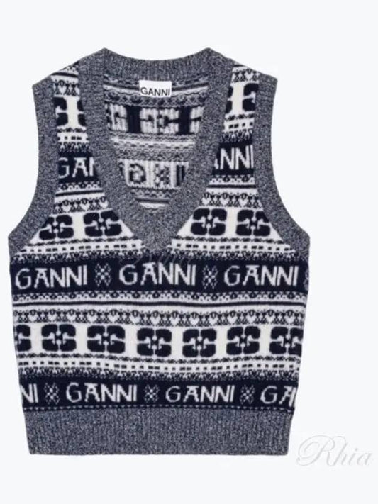 Logo Wool Mix Vest Knit Top Sky Captain - GANNI - BALAAN 2