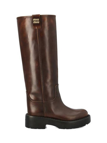 Logo Fume Leather Middle Boots Brown - MIU MIU - BALAAN 1