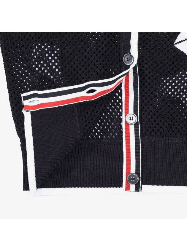 Cotton Mesh Sky Icon V Neck Cardigan Black - THOM BROWNE - BALAAN 4