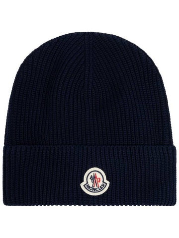 Moncler Cotton Hat With Logo Patch, Men's, Navy Blue - MONCLER - BALAAN 1