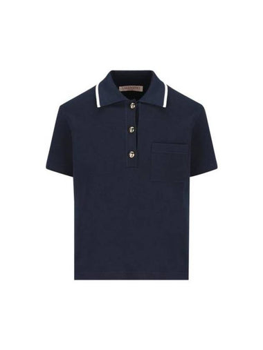 Button Details Short Sleeve Polo Shirt Navy - VALENTINO - BALAAN 1